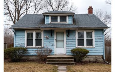Before: Old house exterior with faded, peeling paint